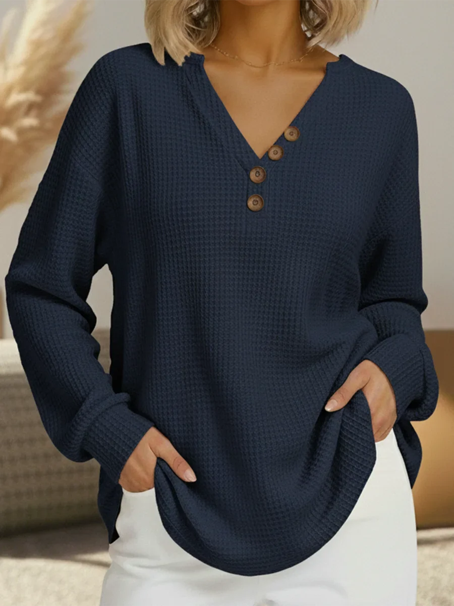 Women's relaxed long sleeve waffle knit sweater with button V-neck – Navy Blue