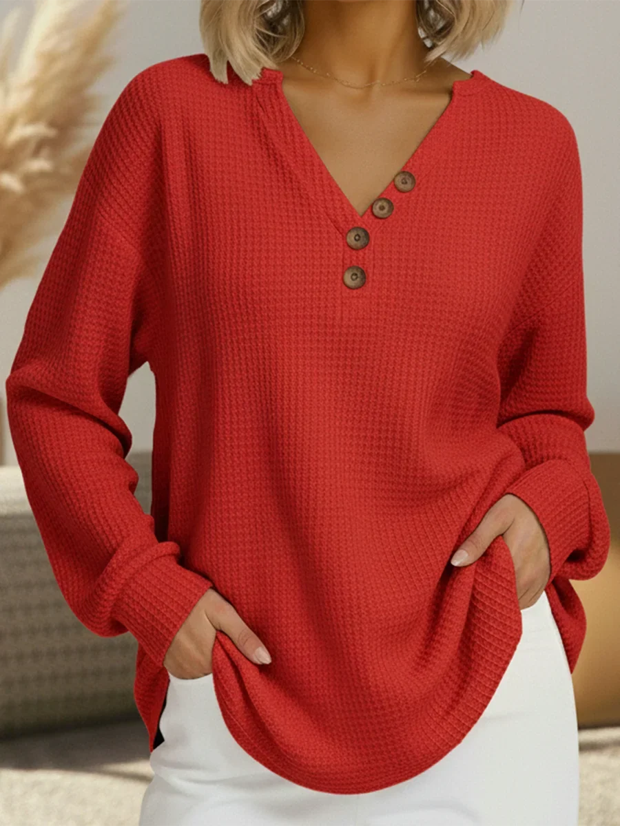 Women's relaxed long sleeve waffle knit sweater with button V-neck – Red