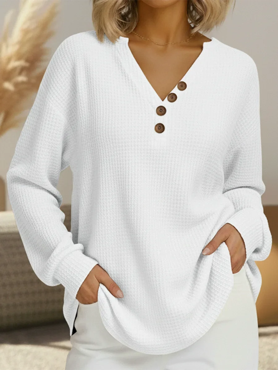 Women's relaxed long sleeve waffle knit sweater with button V-neck – White