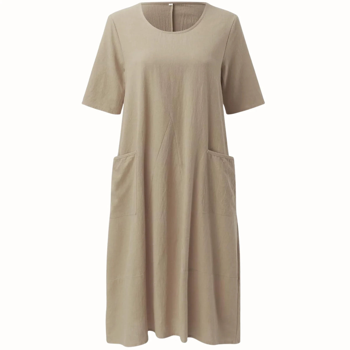 Women's relaxed midi dress with V-neck short-sleeve and pleated pockets