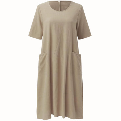 Women's relaxed midi dress with V-neck short-sleeve and pleated pockets