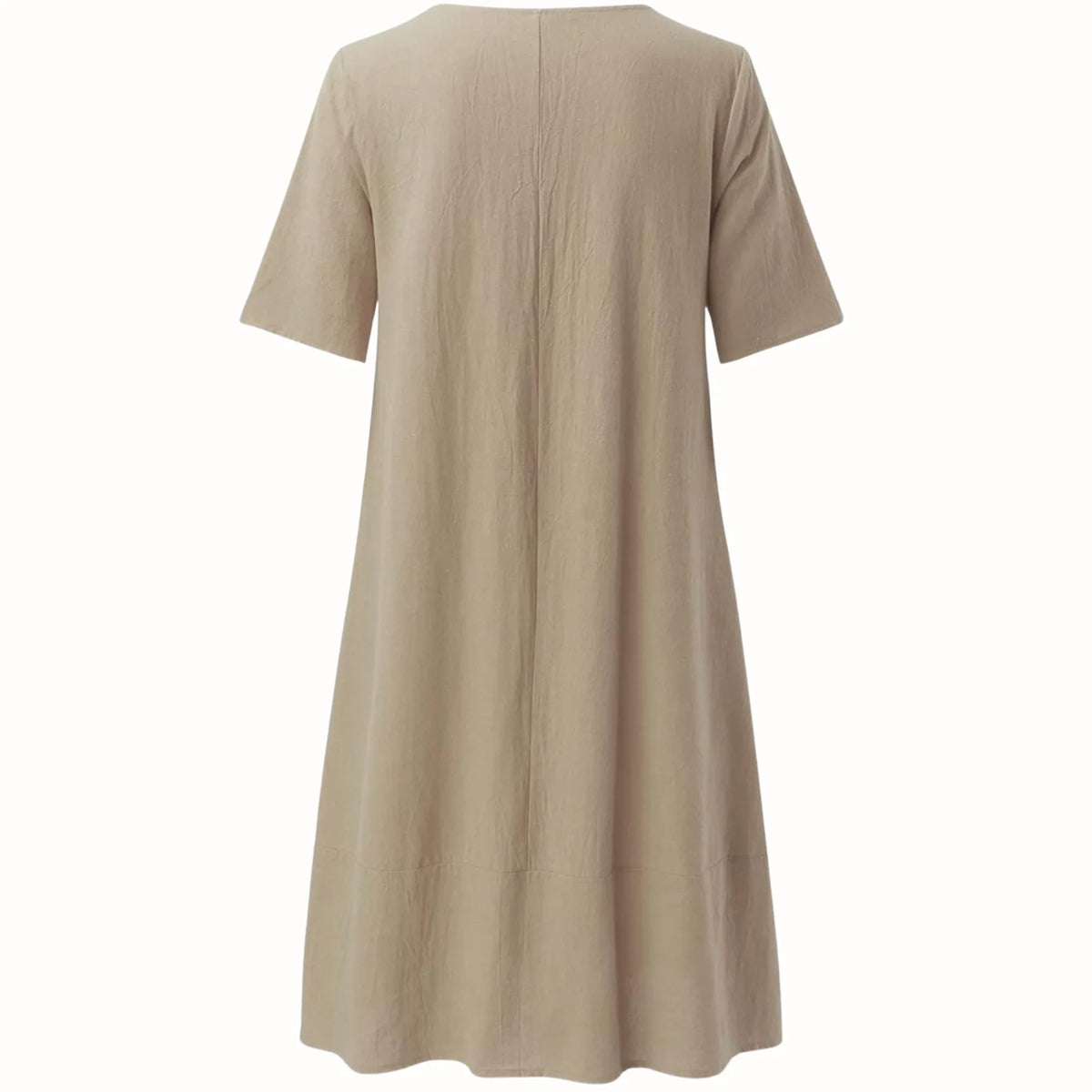 Women's relaxed midi dress with V-neck short-sleeve and pleated pockets
