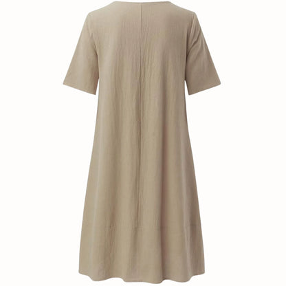 Women's relaxed midi dress with V-neck short-sleeve and pleated pockets