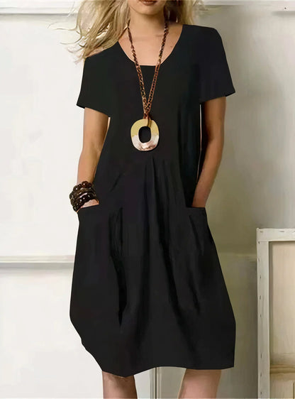 Women's relaxed midi dress with V-neck short-sleeve and pleated pockets – Black (Almost sold out)