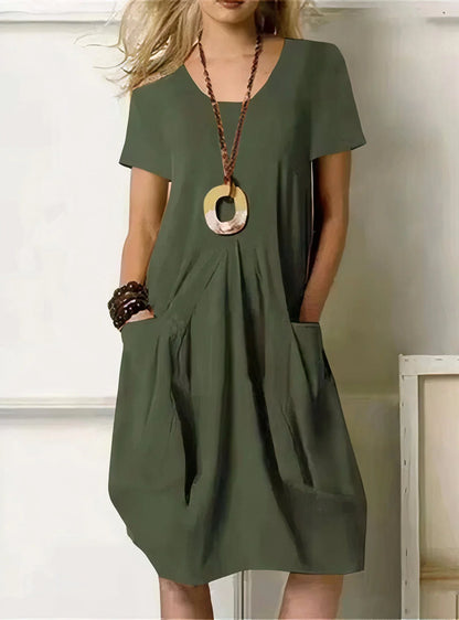 Women's relaxed midi dress with V-neck short-sleeve and pleated pockets – Green (Almost sold out)