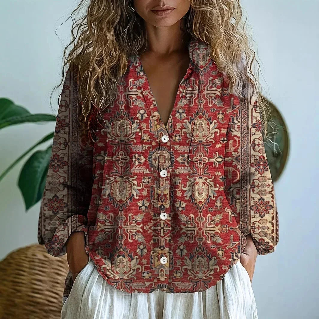 Women's relaxed nature print long sleeve blouse with V-neck design – Burgundy