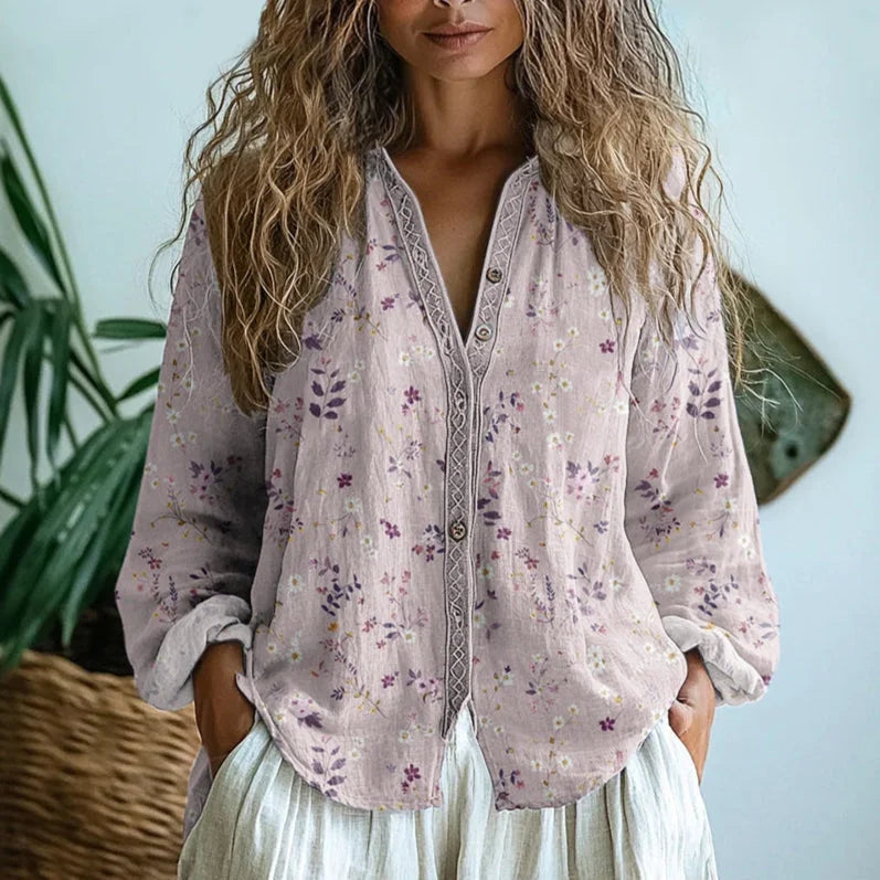 Women's relaxed nature print long sleeve blouse with V-neck design – Pink