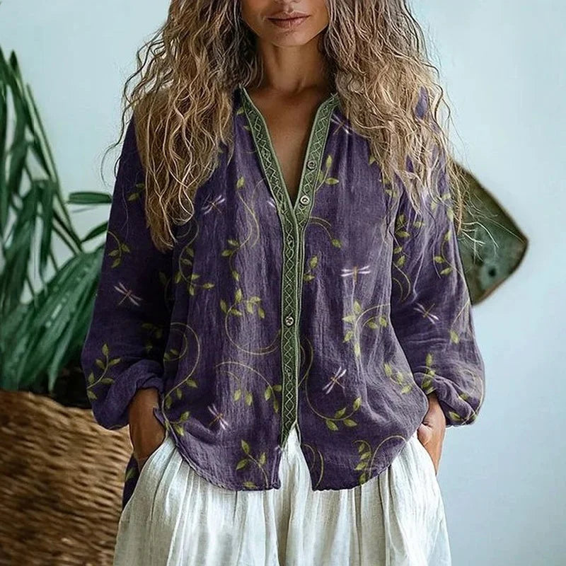 Women's relaxed nature print long sleeve blouse with V-neck design – Purple
