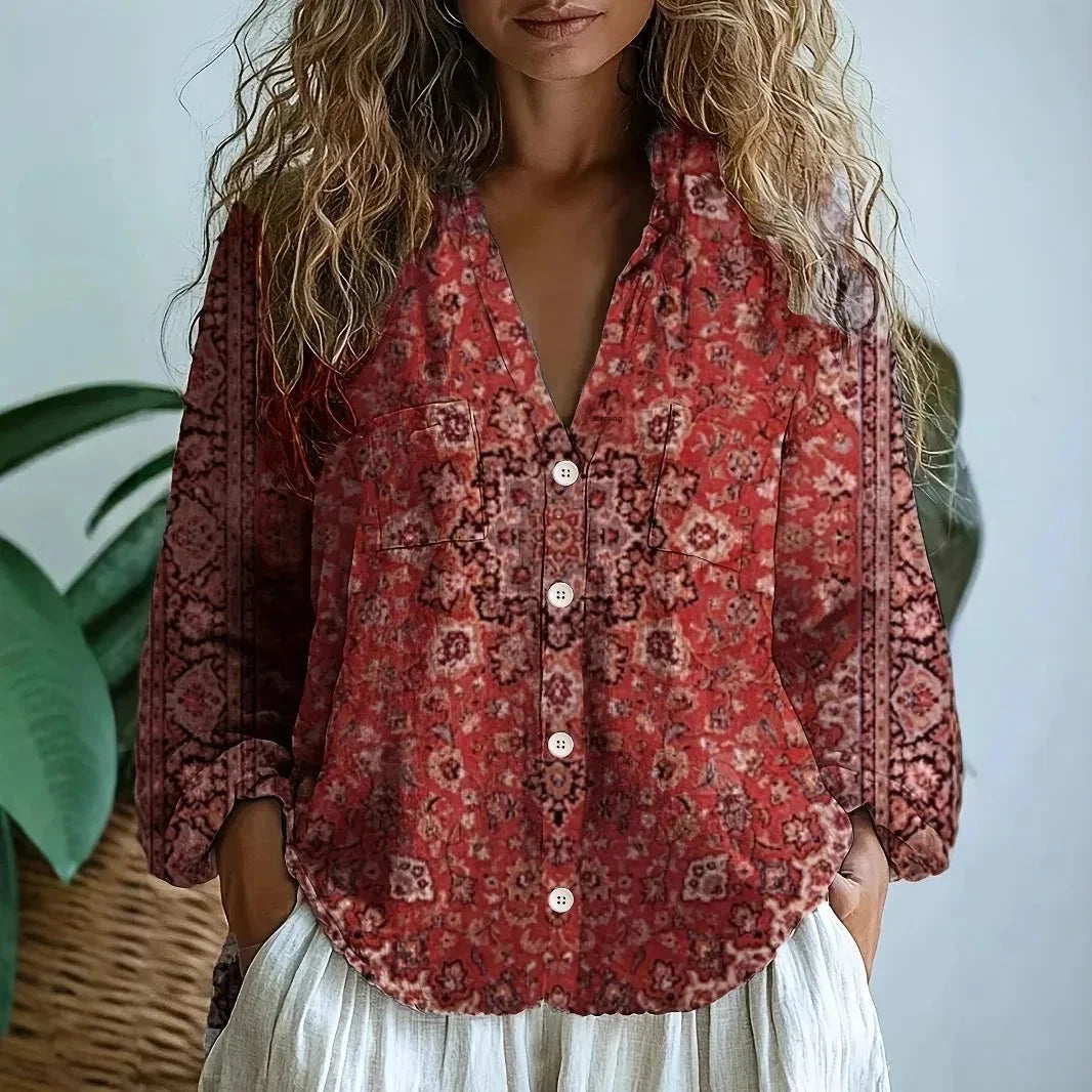 Women's relaxed nature print long sleeve blouse with V-neck design – Red