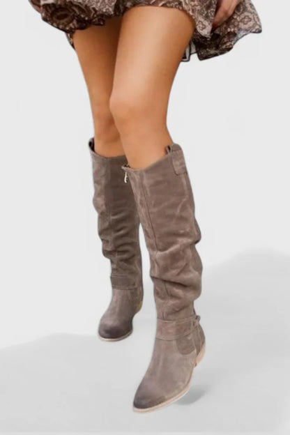 Women's retro suede knee-high boots with slouchy shaft and side zipper