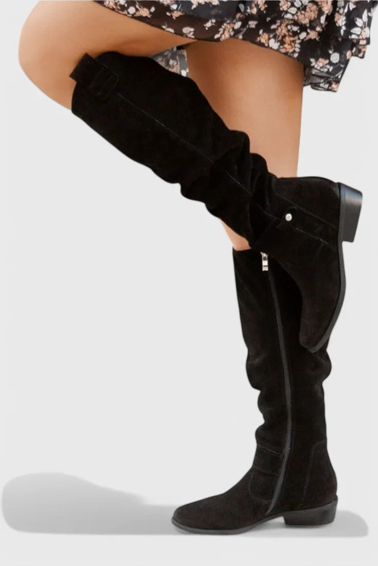 Women's retro suede knee-high boots with slouchy shaft and side zipper – Black