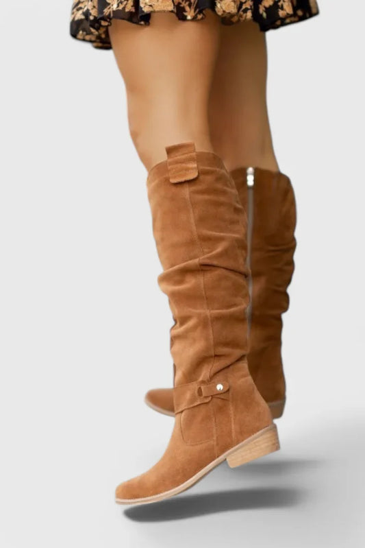 Women's retro suede knee-high boots with slouchy shaft and side zipper – Brown