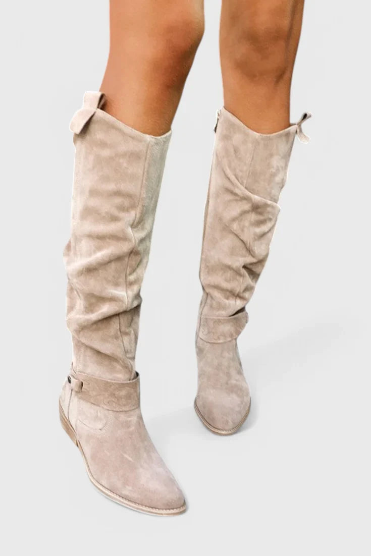 Women's retro suede knee-high boots with slouchy shaft and side zipper