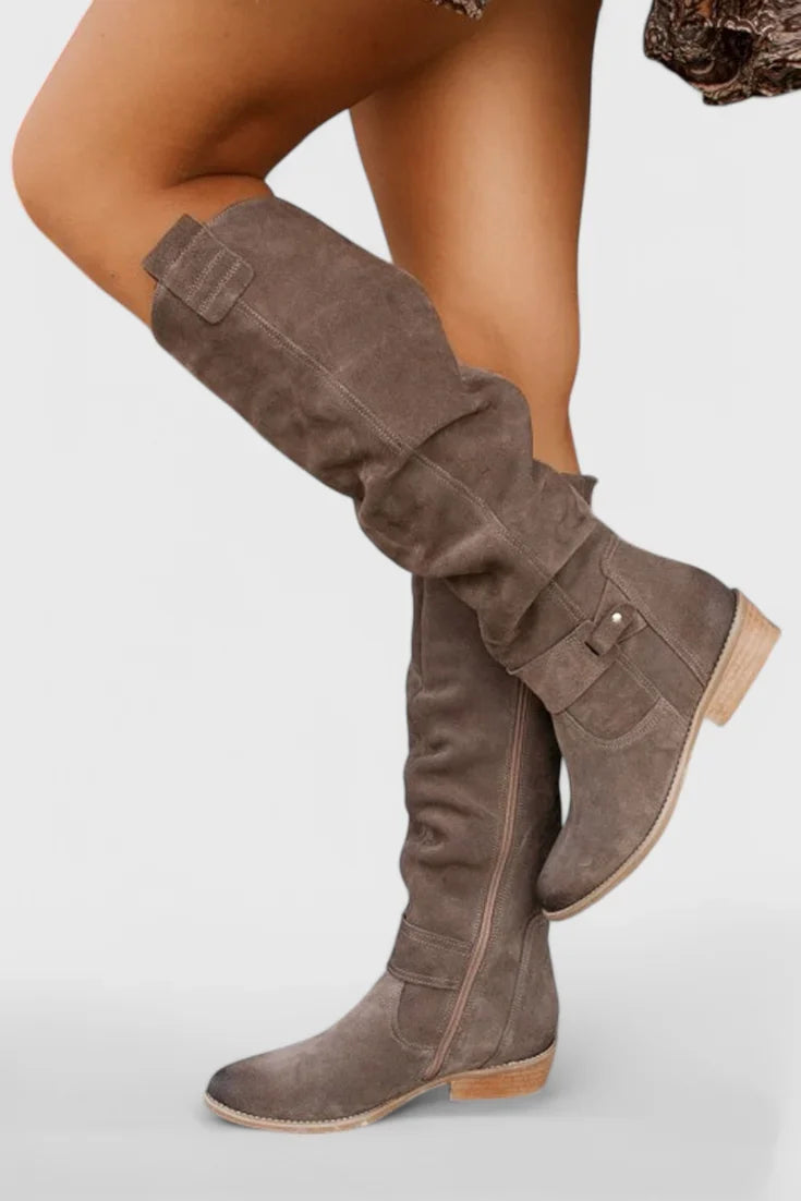 Women's retro suede knee-high boots with slouchy shaft and side zipper – Grey