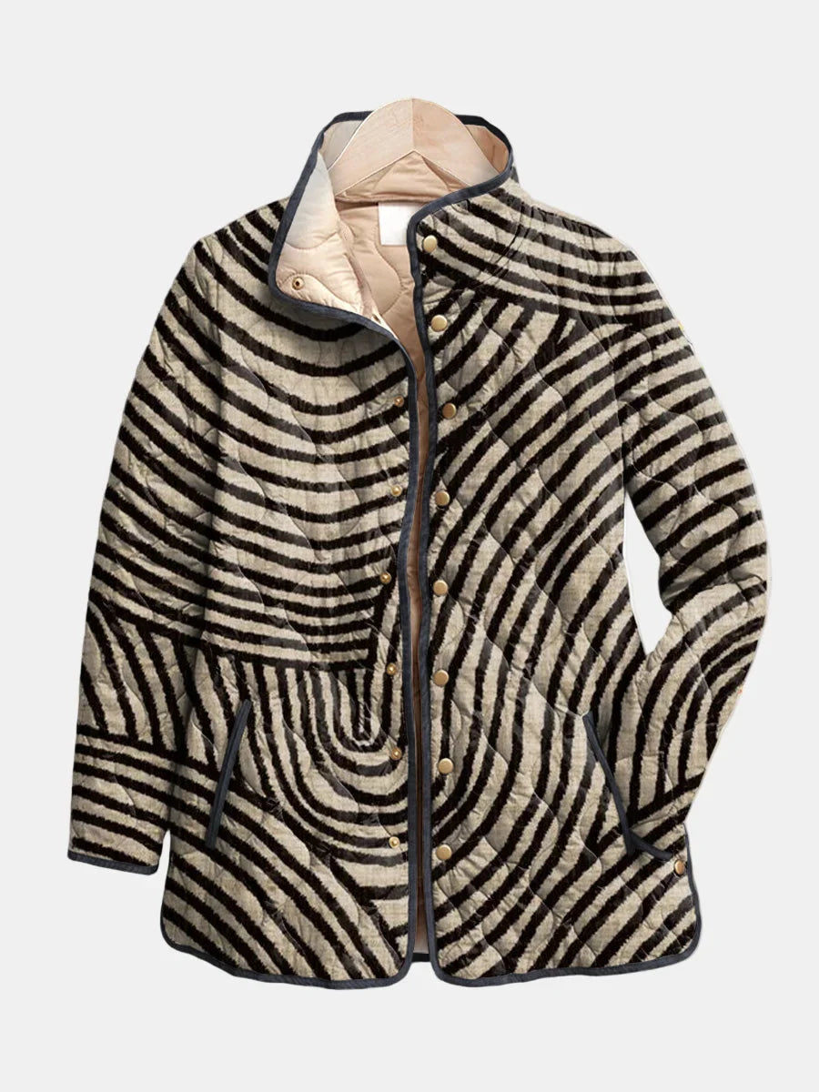 Women's retro circle print quilted jacket with snap front and stand collar – Multicolor