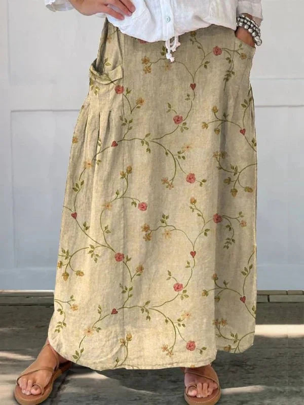Women's retro floral maxi skirt with elastic waistband and pockets – Beige