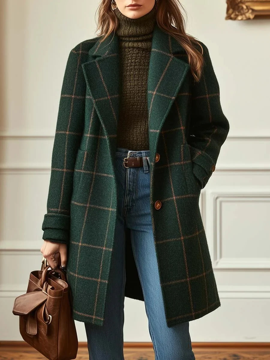 Women's retro lapel plaid tweed coat – Dark Green