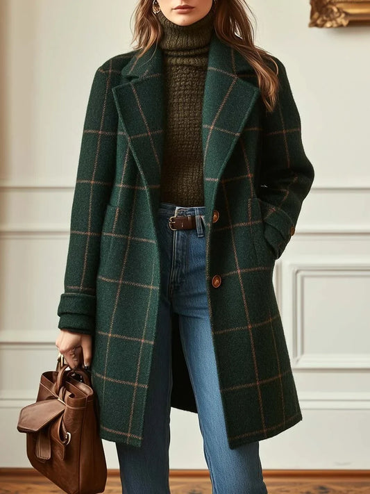 Women's retro lapel plaid tweed coat – Dark Green