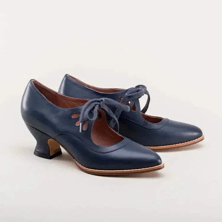 Women's retro leather heels with lace-up cut-out design and flared heel