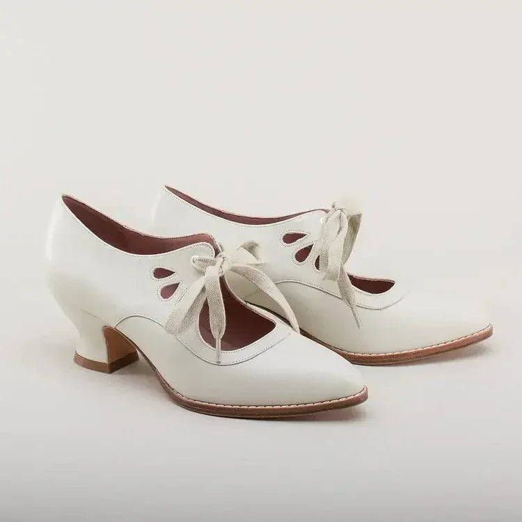 Women's retro leather heels with lace-up cut-out design and flared heel