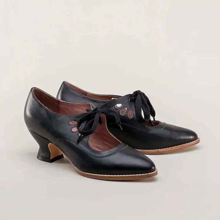 Women's retro leather heels with lace-up cut-out design and flared heel