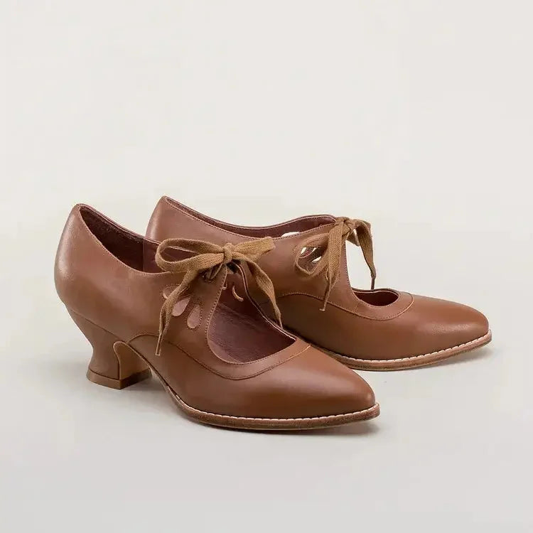 Women's retro leather heels with lace-up cut-out design and flared heel