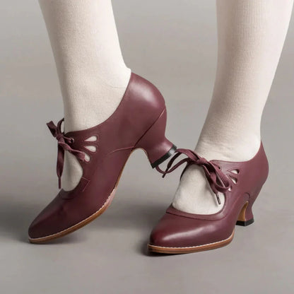 Women's retro leather heels with lace-up cut-out design and flared heel – Crimson Red