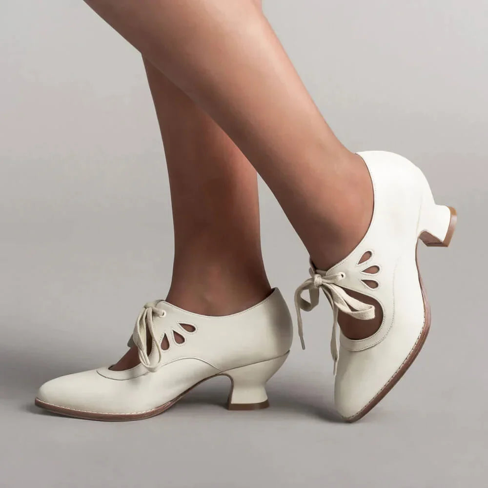 Women's retro leather heels with lace-up cut-out design and flared heel – White
