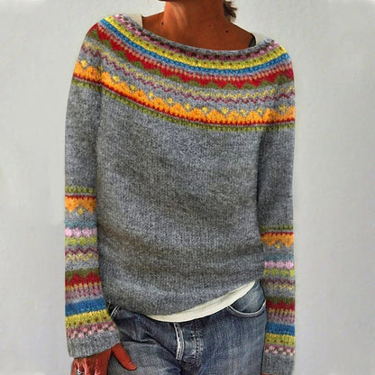 Women's retro striped relaxed-fit knit sweater – Grey/Coloured