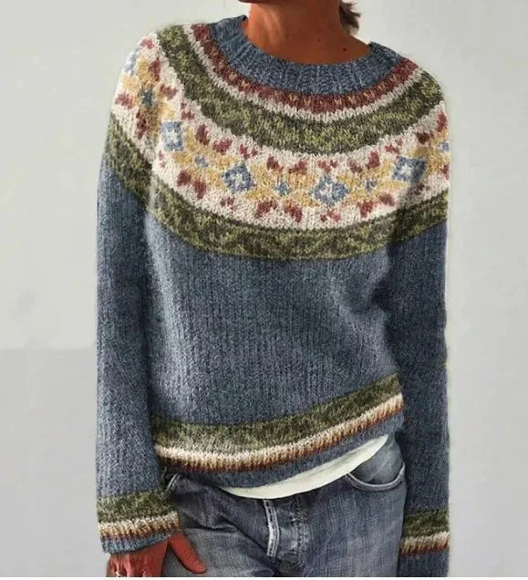 Women's retro striped relaxed-fit knit sweater – Grey/Stars