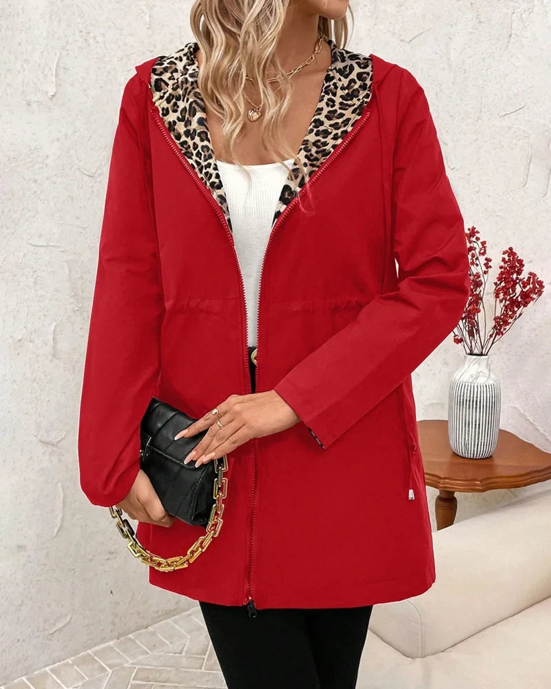 Women's reversible hooded leopard print jacket with drawstring waist
