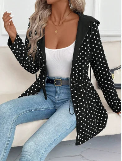 Women's reversible hooded leopard print jacket with drawstring waist – Black Polka