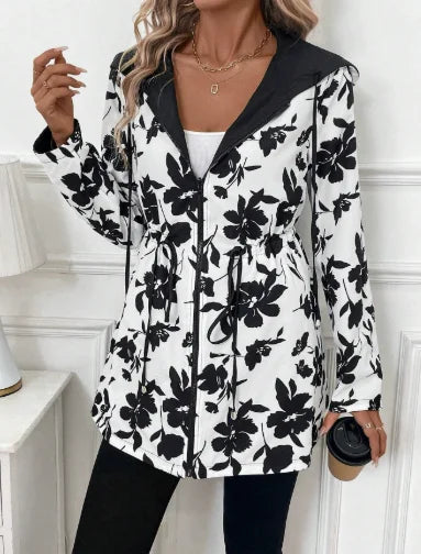 Women's reversible hooded leopard print jacket with drawstring waist – White