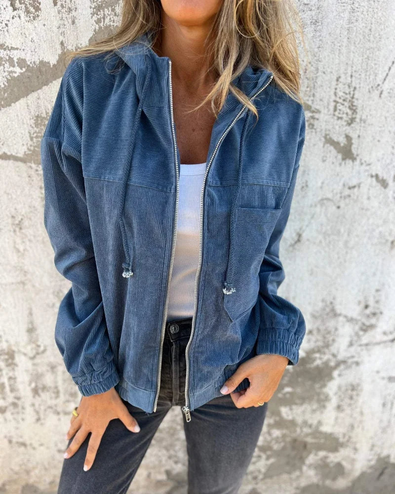 Women's ribbed hooded full-zip jacket with patch pockets – Blue