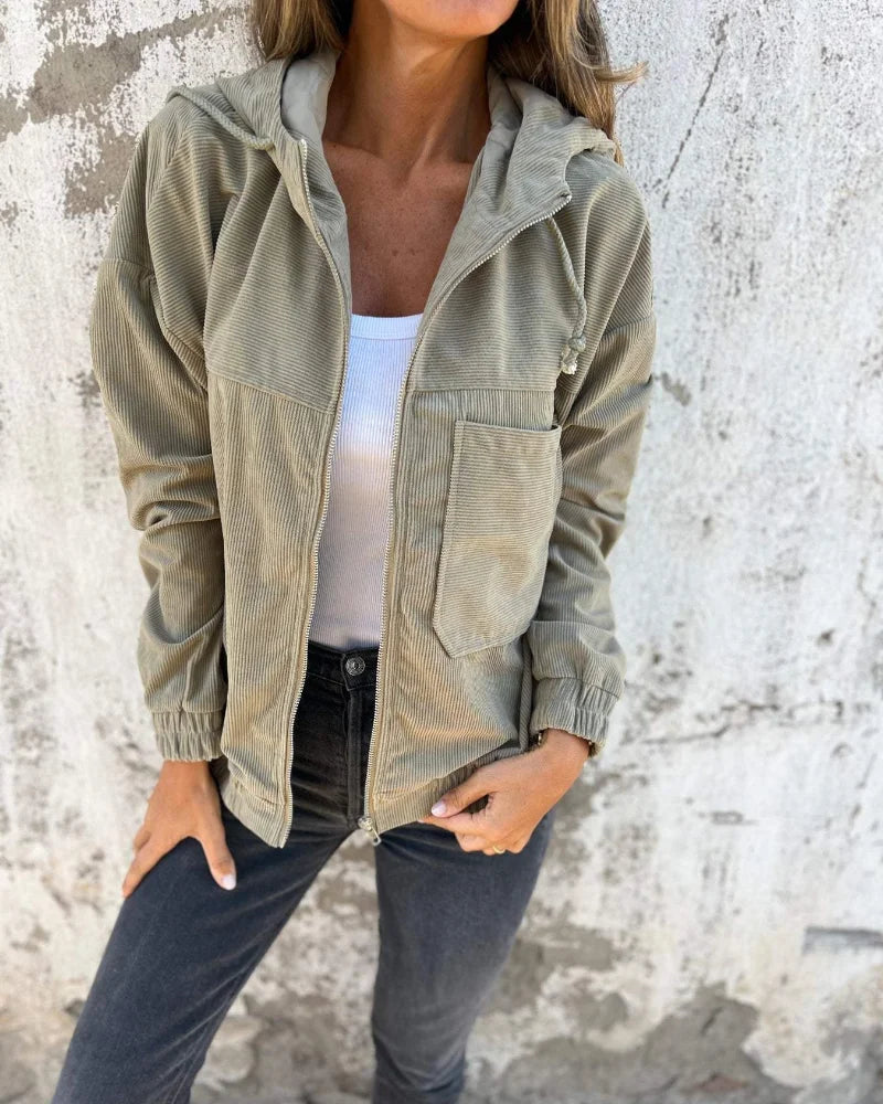 Women's ribbed hooded full-zip jacket with patch pockets – Green