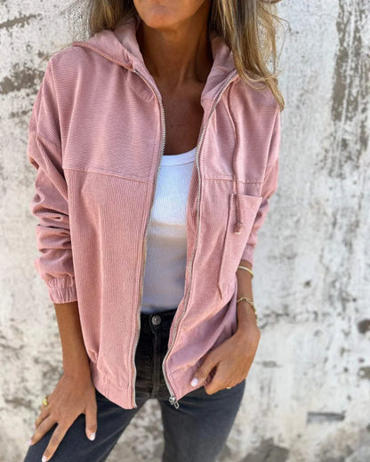 Women's ribbed hooded full-zip jacket with patch pockets – Pink