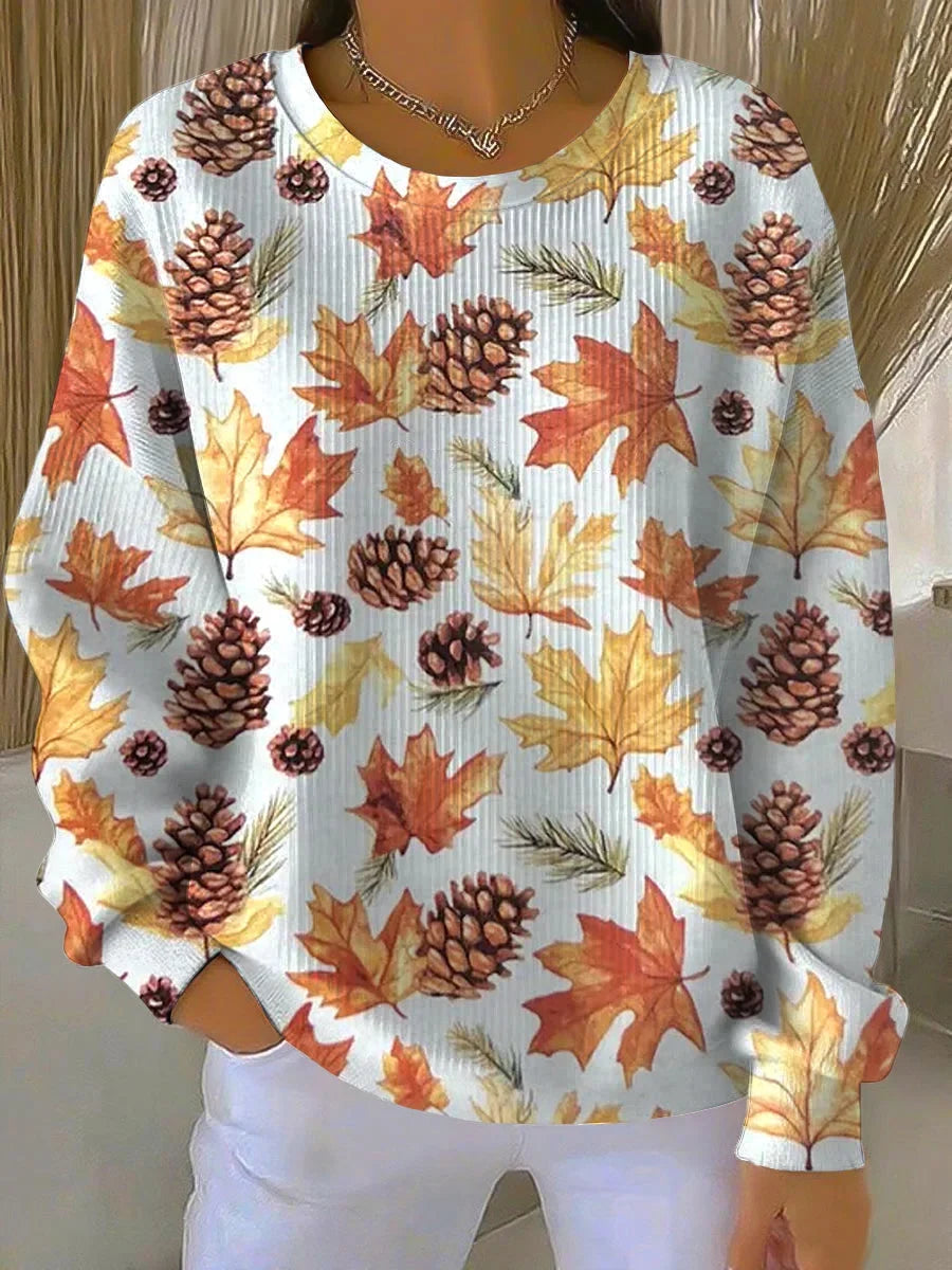 Women's ribbed knit autumn maple leaf long-sleeve tee shirt with crew neck – Multicolour