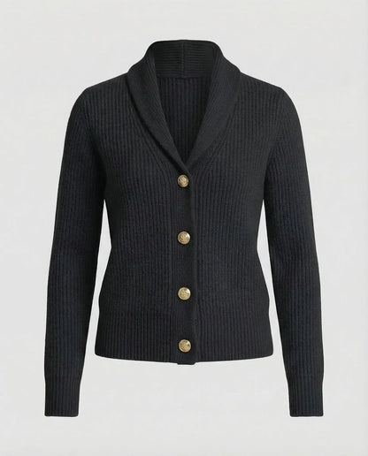 Women's ribbed knit button-front lapel collar cardigan – Black