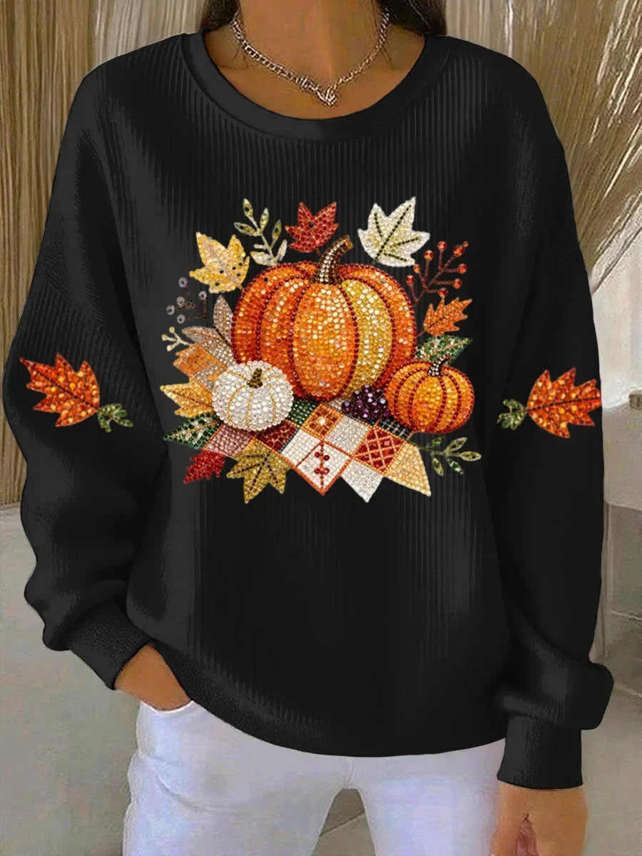 Women's ribbed knit fall graphic long-sleeve tee shirt with crew neck – Black