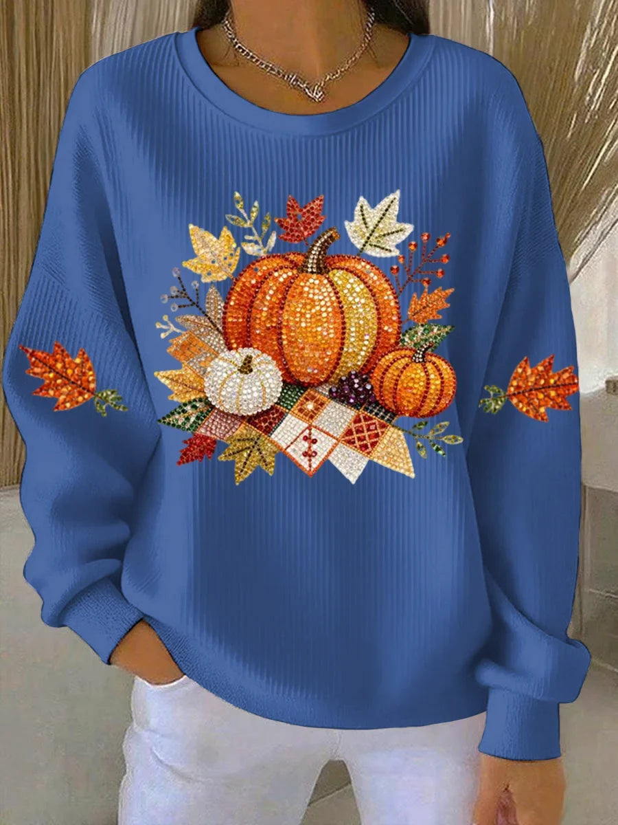 Women's ribbed knit fall graphic long-sleeve tee shirt with crew neck – Blue