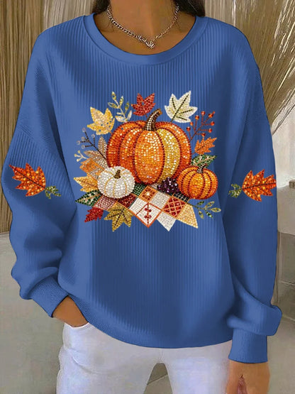 Women's ribbed knit fall graphic long-sleeve tee shirt with crew neck – Blue
