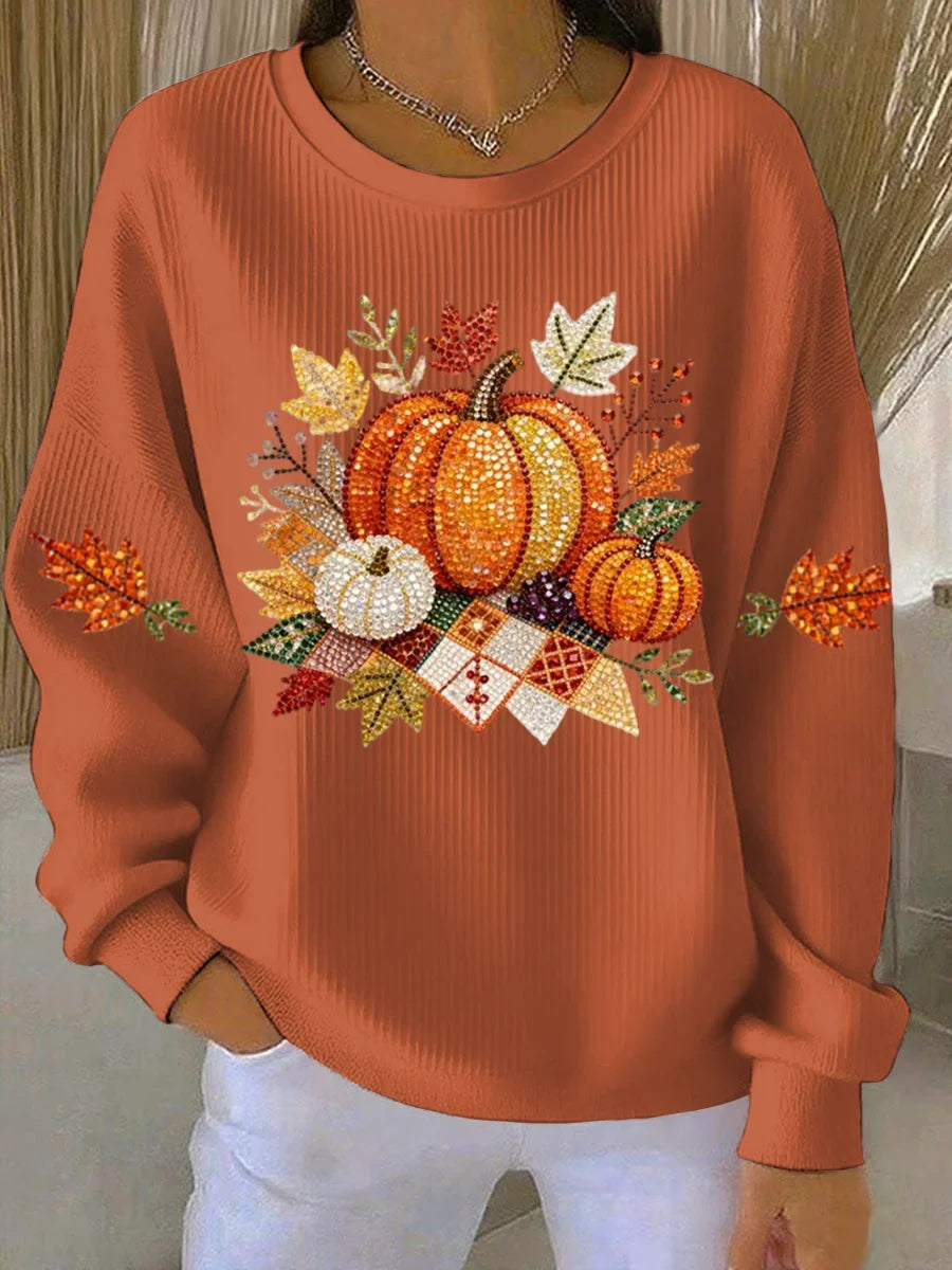 Women's ribbed knit fall graphic long-sleeve tee shirt with crew neck – Orange