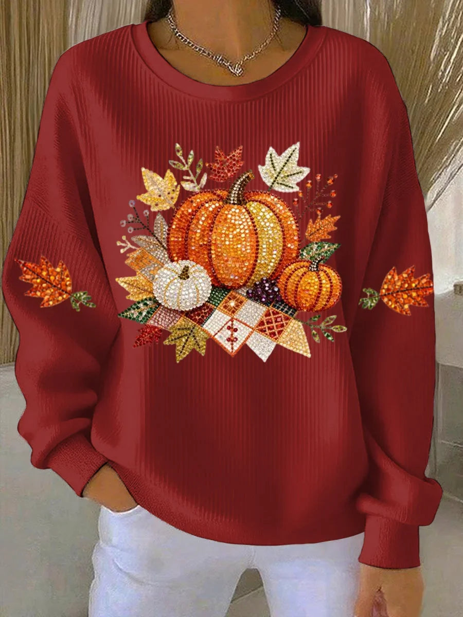 Women's ribbed knit fall graphic long-sleeve tee shirt with crew neck – Red