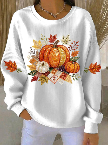 Women's ribbed knit fall graphic long-sleeve tee shirt with crew neck – White