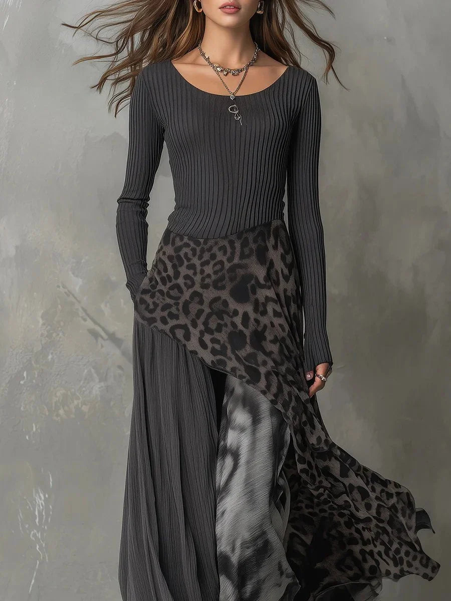Women's ribbed knit leopard print maxi long sleeve dress irregular hem – Gray