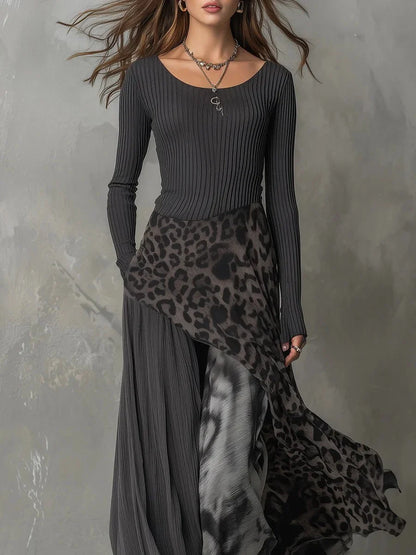 Women's ribbed knit leopard print maxi long sleeve dress irregular hem – Gray