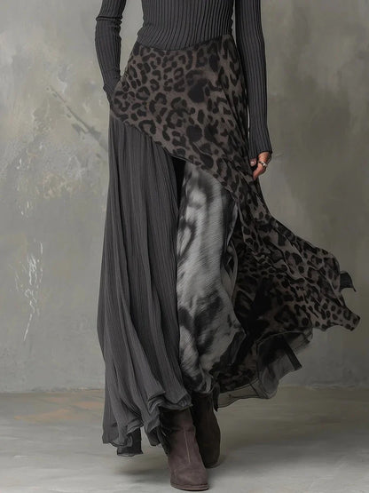Women's ribbed knit leopard print maxi long sleeve dress irregular hem – Gray