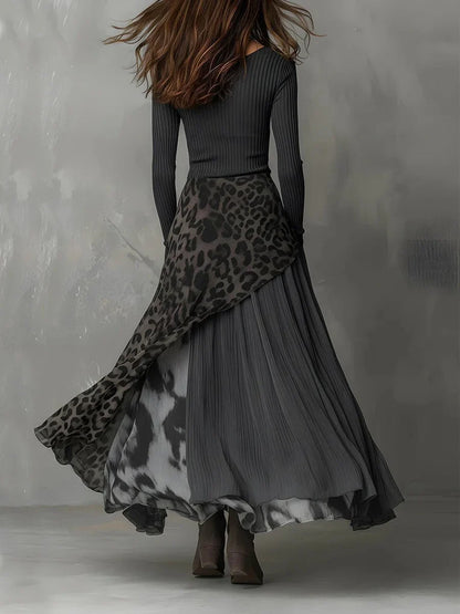 Women's ribbed knit leopard print maxi long sleeve dress irregular hem – Gray