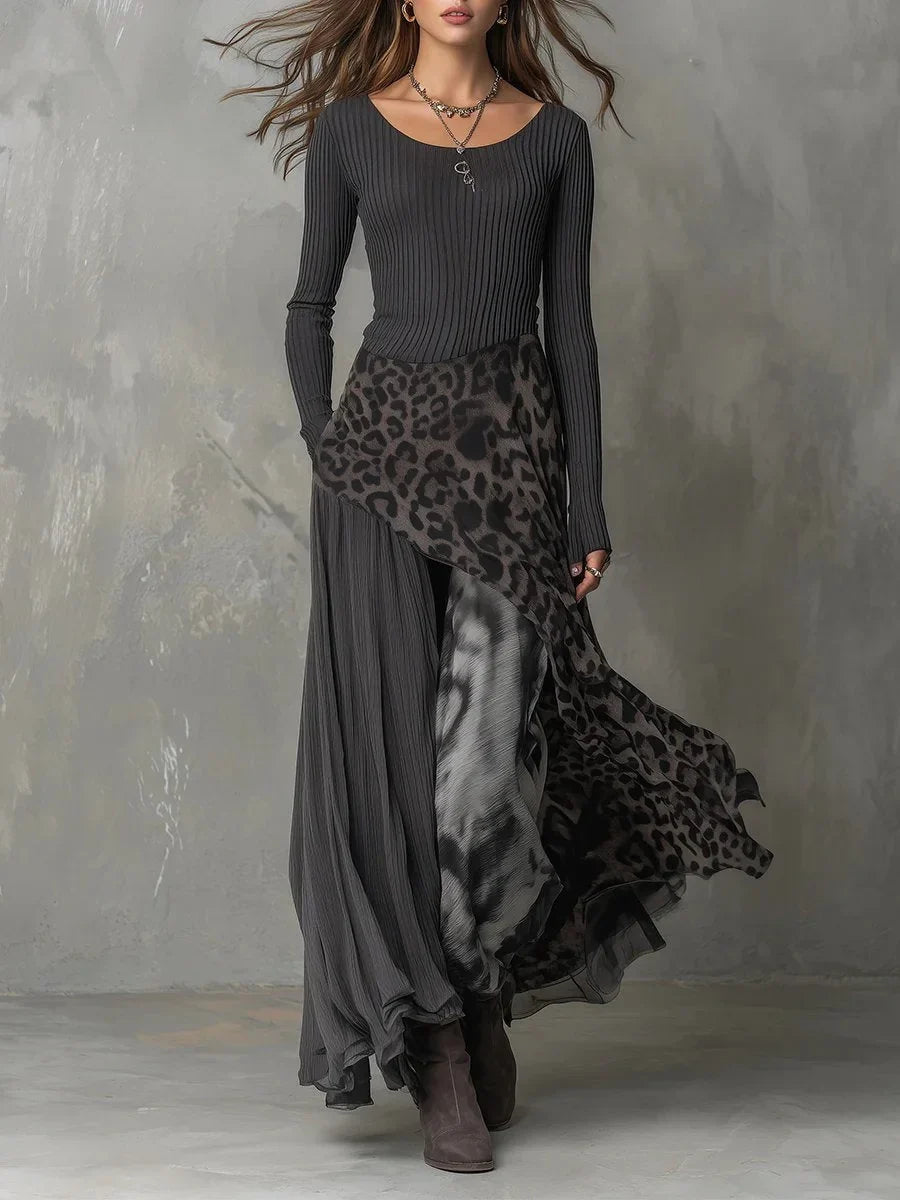 Women's ribbed knit leopard print maxi long sleeve dress irregular hem – Gray