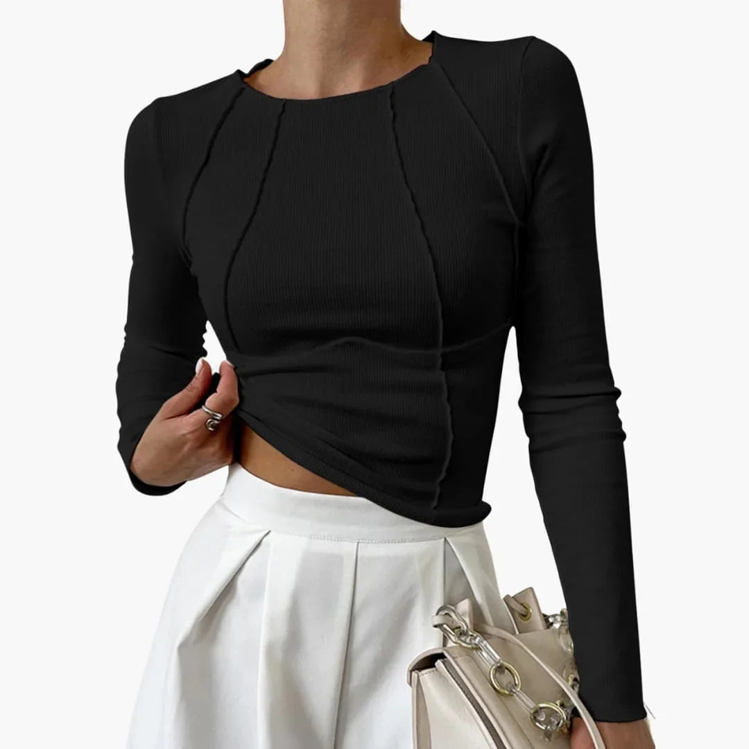 Women's ribbed knit long sleeve cropped top with sculpted seams – Black